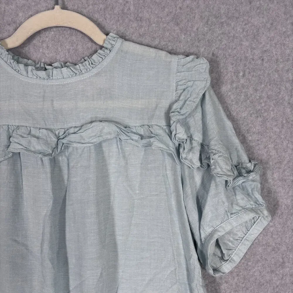 LOFT Ruffle Blouse Medium Baby Blue Linen Puff Feminine‎ Cottage Coquette Dainty